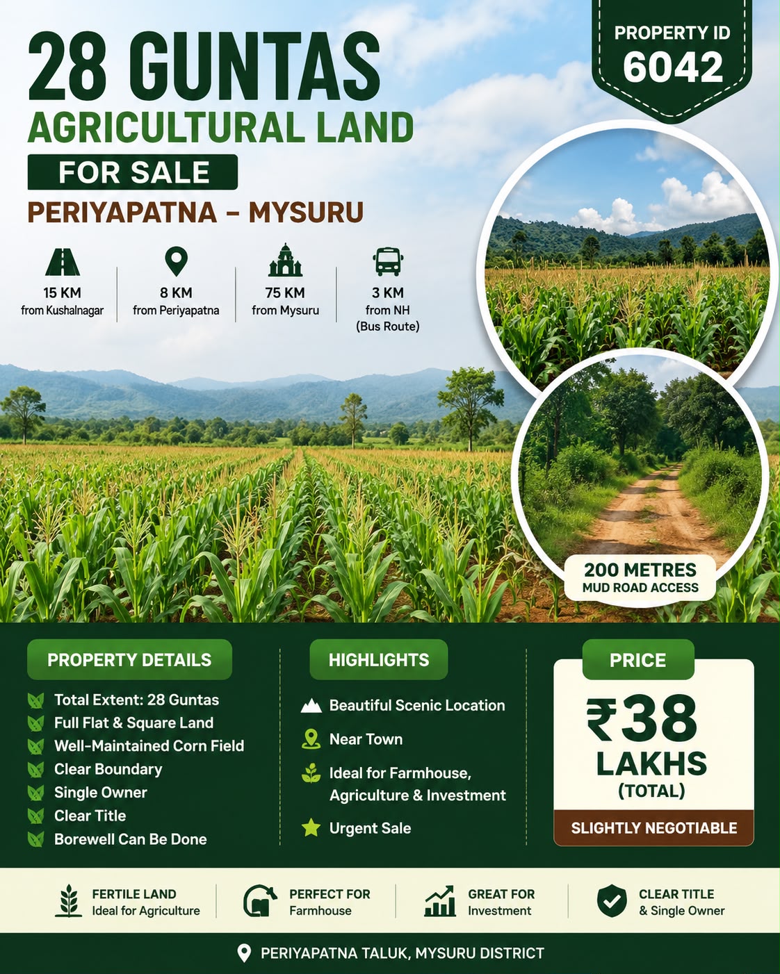 🆔 *PROPERTY ID – 6042* 🌾 *28 Guntas Agricultural Land for Sale – periyapatna -Mysuru